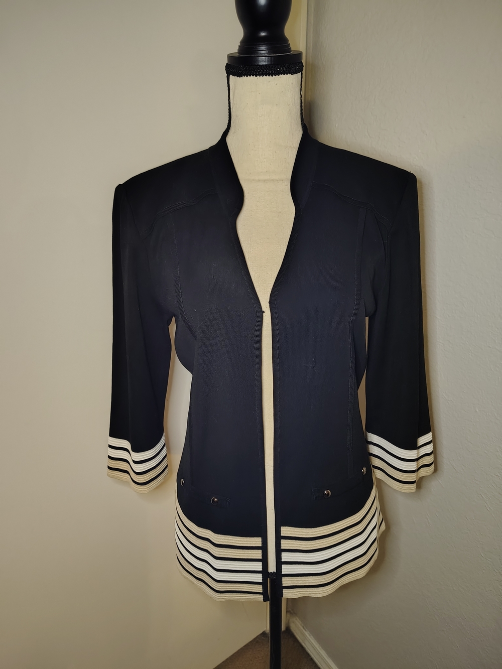 Ming Wang Black Open-Front Jacket with White And Cream Stripe Trim